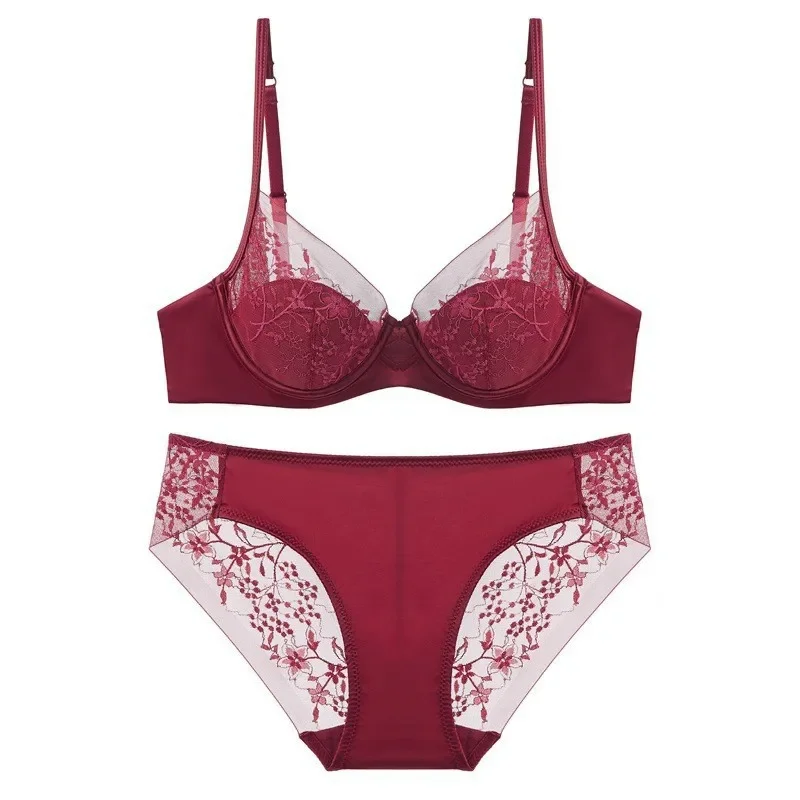 Women Sexy Lace Bra Set Flower Embroidery See Through Lingerie Set Daily Underwear Bra and Panty Set