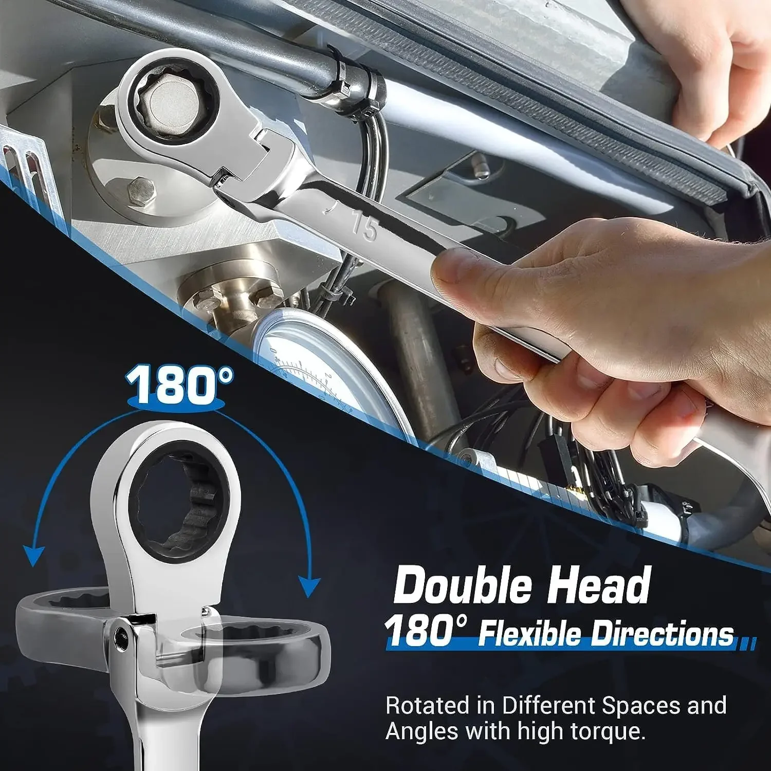 

Extra Long Flex Head Ratcheting Wrench set, 6Pcs Double Box End Long Reach Ratchet Wrench Set Metric 8-19mm, CRV Steel