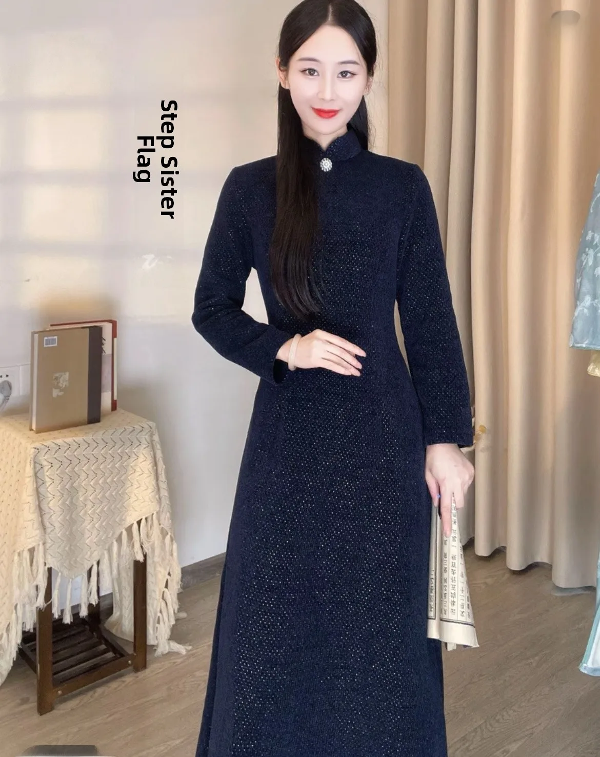 

Miss Wu's Autumn Winter Thiened Ele Traditional Chinese Sle Long Dr Warmth Daily Wear Retro Design Polye...
