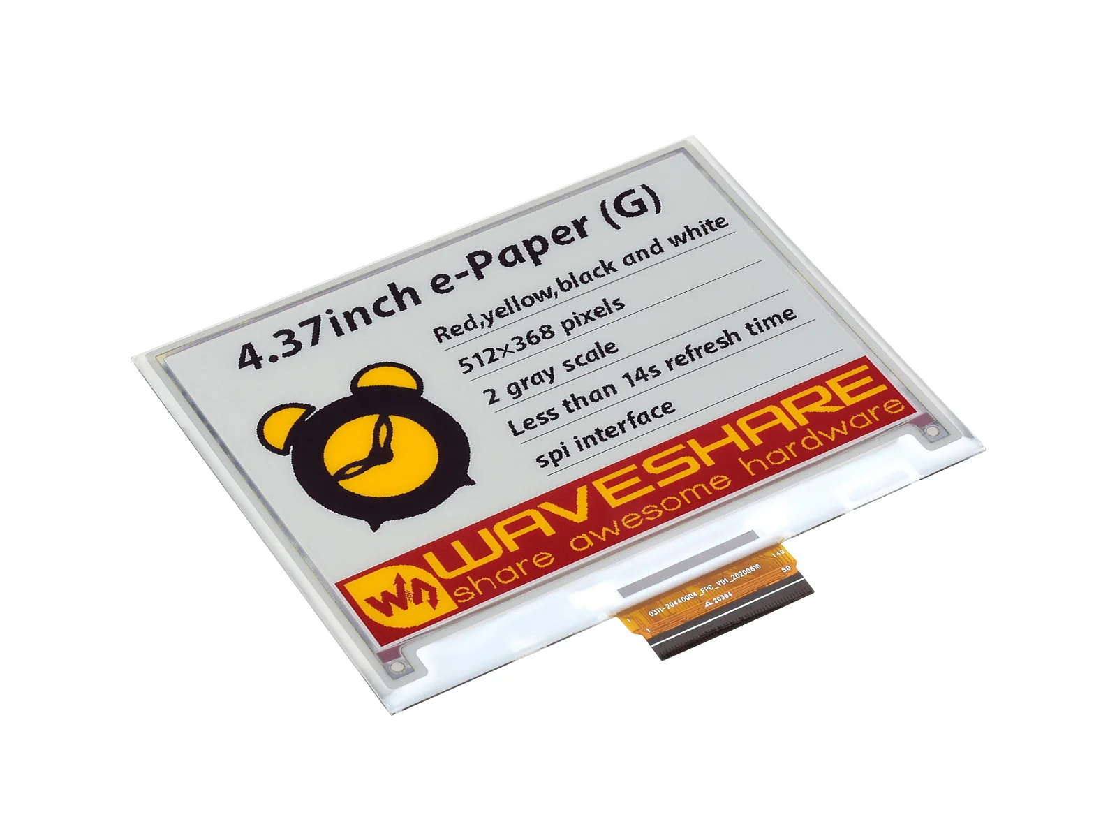 

Waveshare 4.37inch E-Paper (G) raw display, 512 × 368, Red/Yellow/Black/White, Low Power, Wide Viewing Angle