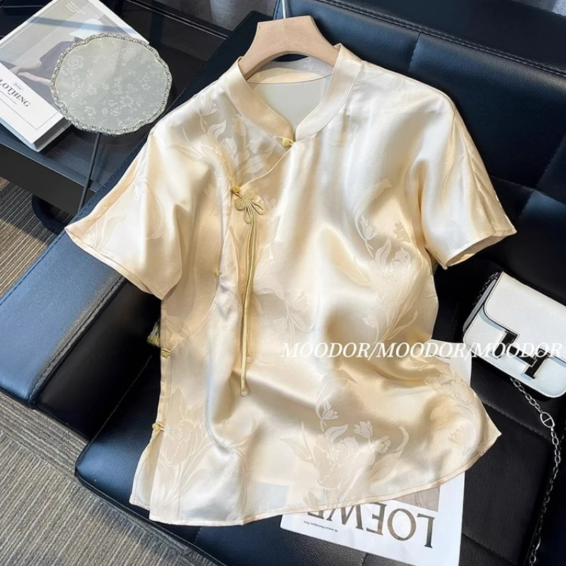 2026 New Chinese Style Jacquard Side Button Satin Shirt Women's Retro Mandarin Collar Cheongsam Blouse Elegant Casual Tops