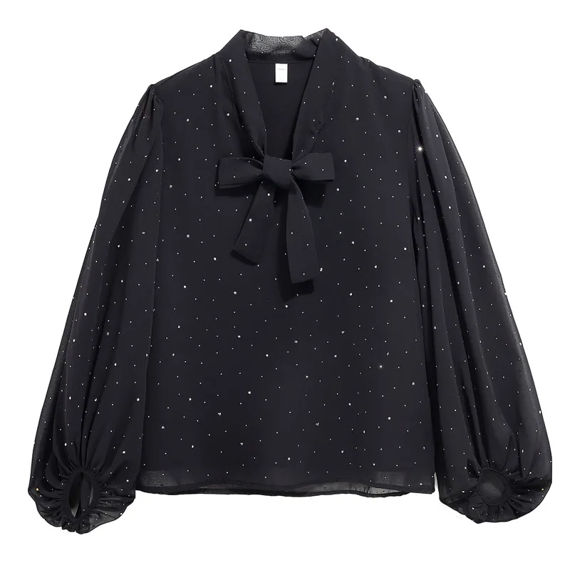 New Long Sleeve V-Neck Women Blouse Lace-up Dot Black Chiffon Blouse Shirt Women Tops Shirts Blusas Para Mujer Blusa Blusas M432