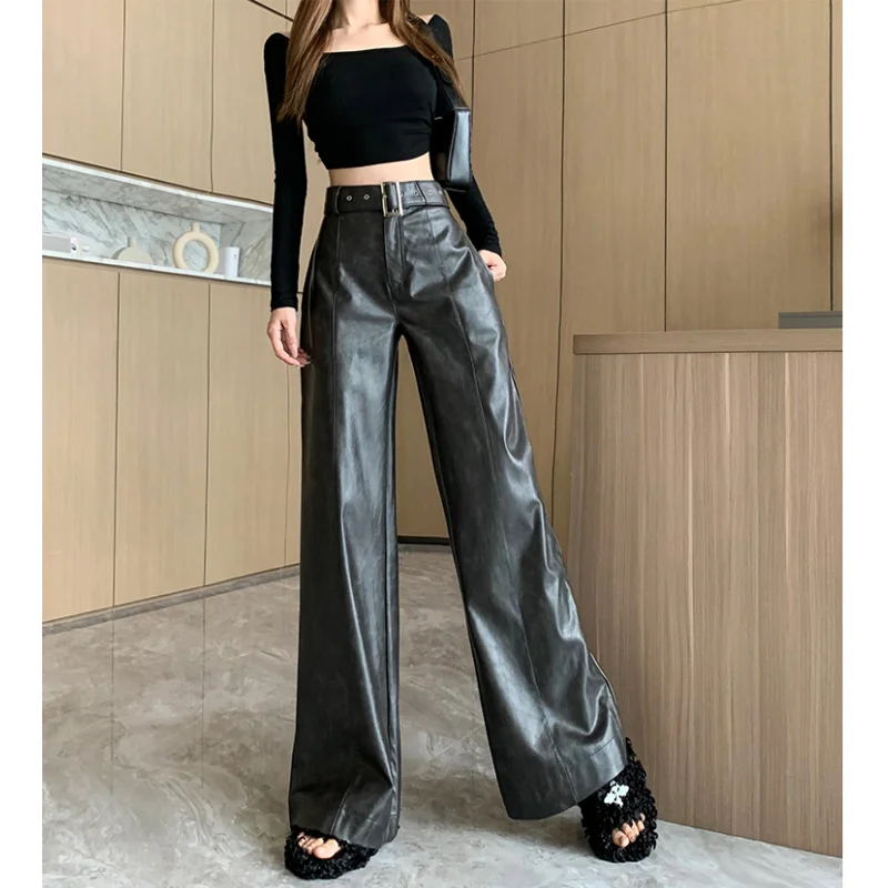 

Brown Women Black Casual Pants Belt Streetwear High Waist Wide Leg Pants 2024 Fashion Y2K Style Female Winter Straight Trousers