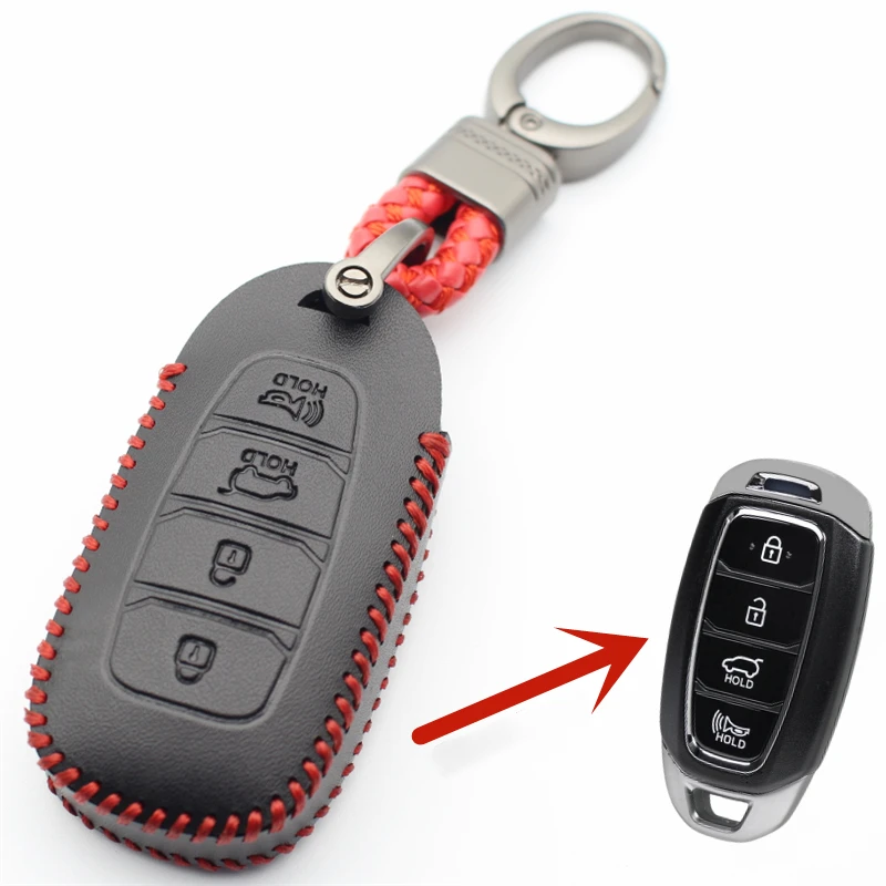 FLYBETTER Genuine Leather 4Button Smart Key Case Cover For Hyundai Santa Fe TM/Palisade/Grandeur/Azera/Elantra GT/Kona  L536