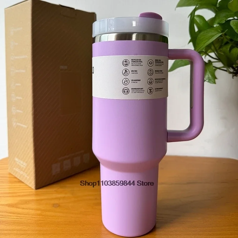 Car travel cup, flat bottomed cup, straw, coffee flat bottomed cup with handle, insulated stainless steel lid