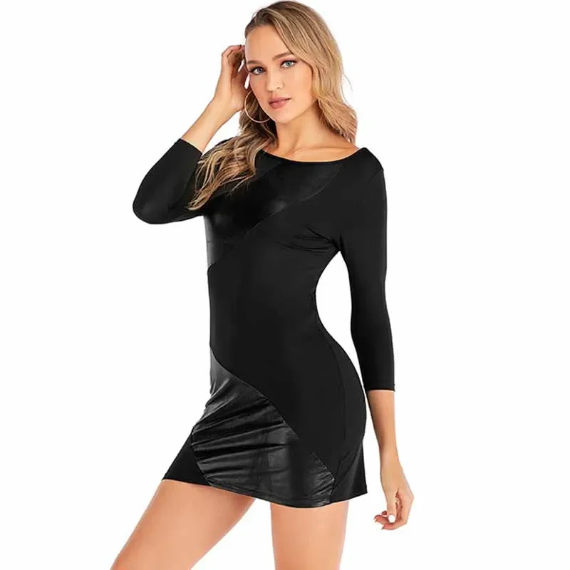 セクシーなパッチワークミニドレス女性黒春秋ショートドレス女性エレガントな長袖ボディコンドレスパーティー