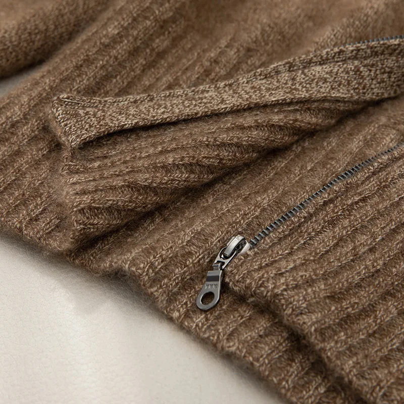 Heavy-weight Zippered Lapel 100%Cashmere Sweater Women\'s Cardigan Loose Pure Cashmere Jacket Fashion Knitted Sweater Top