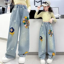 Spring Kids Vintage Blue Jeans with Appliques For Girl New Casual Outdoor Denim Pants Slim Fit Loose Jeans Trousers For Teenager