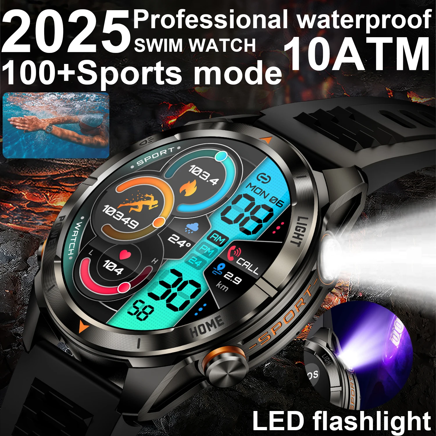 

Outdoor Military Smart Watch 360*360 HD AMOLED Screen 100+Sport Mode 515 mAh Big Battery Waterproof LED Flashlight sport watch