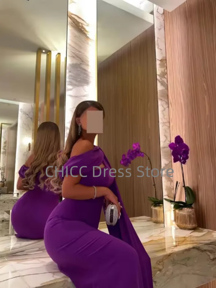 サウジアラビアイブニングドレス ケープ付き ワンショルダー フォーマルウエディングドレス パープル マーメイド ロング 結婚式のゲストパーティードレス カスタマイズ