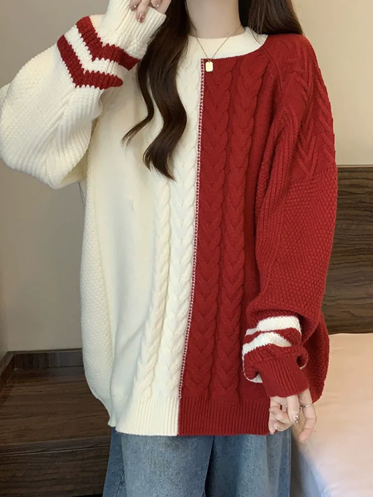 Noël rouge Baggy tricoté pull femmes décontracté contraste Colar tricots pull ample épais nouveau doux mode pulls