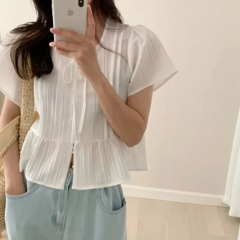 Korean Short Sleeve Blouses Simple Slimming Ort Round Solid Women's Fashion Top Banded Design Length Shirt