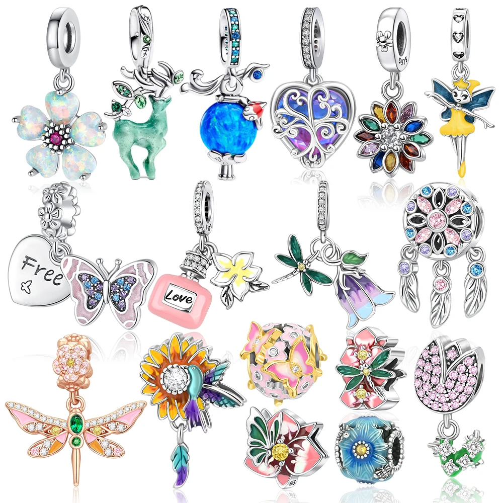 Natural 925 Sterling Silver Elk&HummingBird Sunflower&Elf&Butterfly Tassel Dangle Charm Fit DIY Bracelet Neckl Exquisite Jewelry