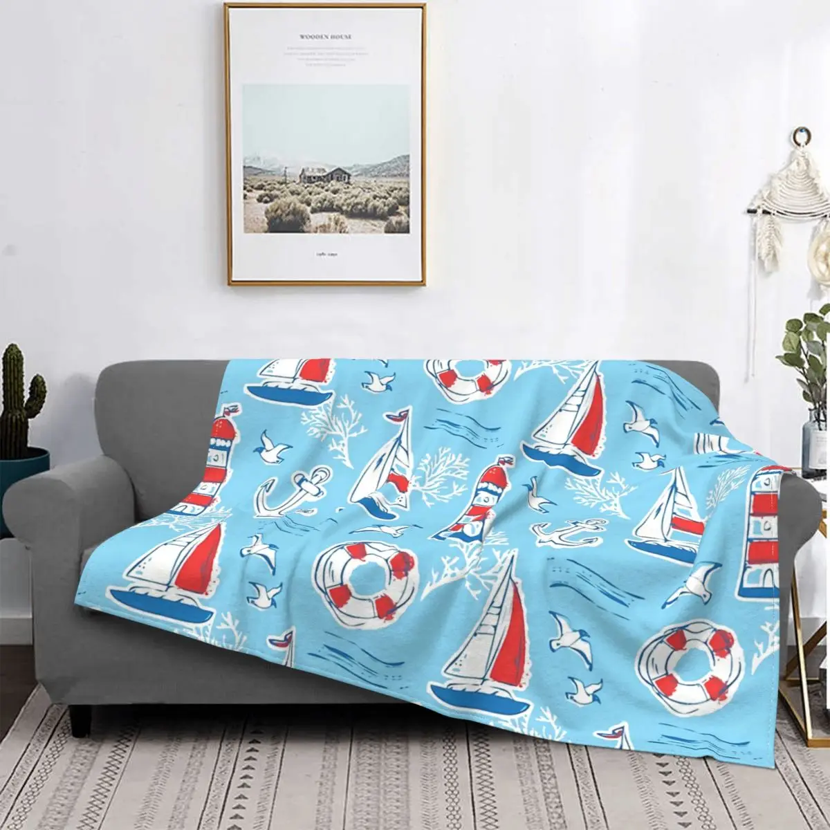 Anchor Blanket Fleece Flannel All Season Breathable Plaid Sail Boats Lighthouses Seagulls Throw Blankets For home Bedspread