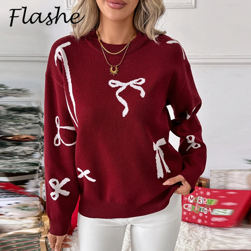 

Рождественский свитер, женский повседневный вязаный свитер с круглым вырезом и длинными рукавами с принтом, осенне-зимний джемпер, красный