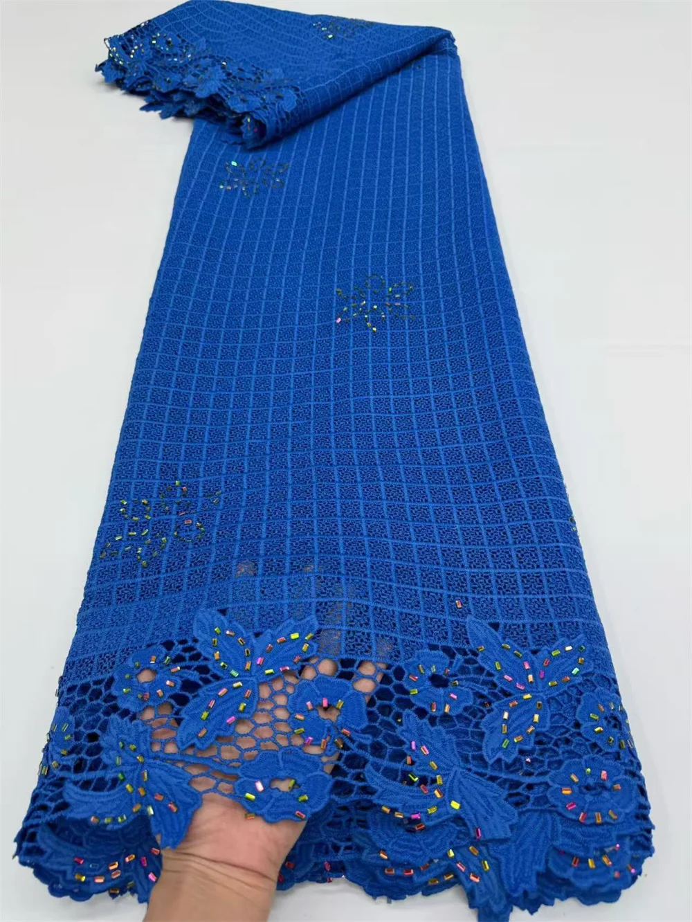 

Королевский синий 5-ярдовый нигерийский гипюровый шнур, кружевная ткань высокого качества, африканская сетка, молочная шелковая вышивка для женщин, шитье Hm22-1