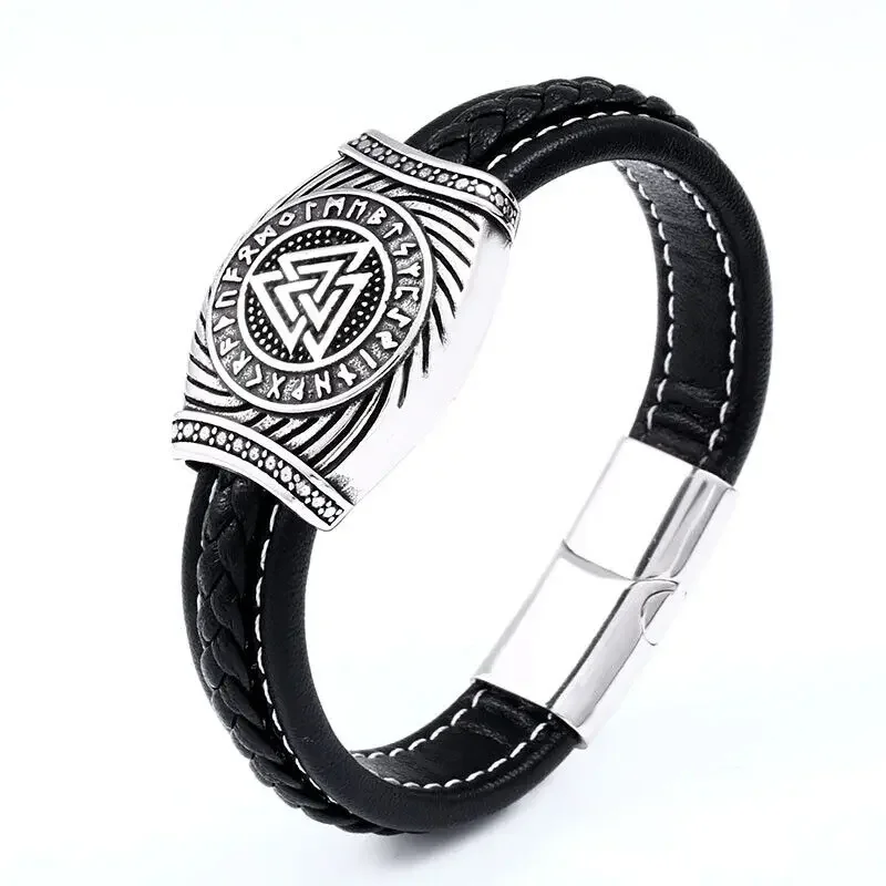 

CHUANGCHENG Men's 18-24CM Stainless Steel Nordic Viking Valknut Amulet Leather Bracelet Cuff