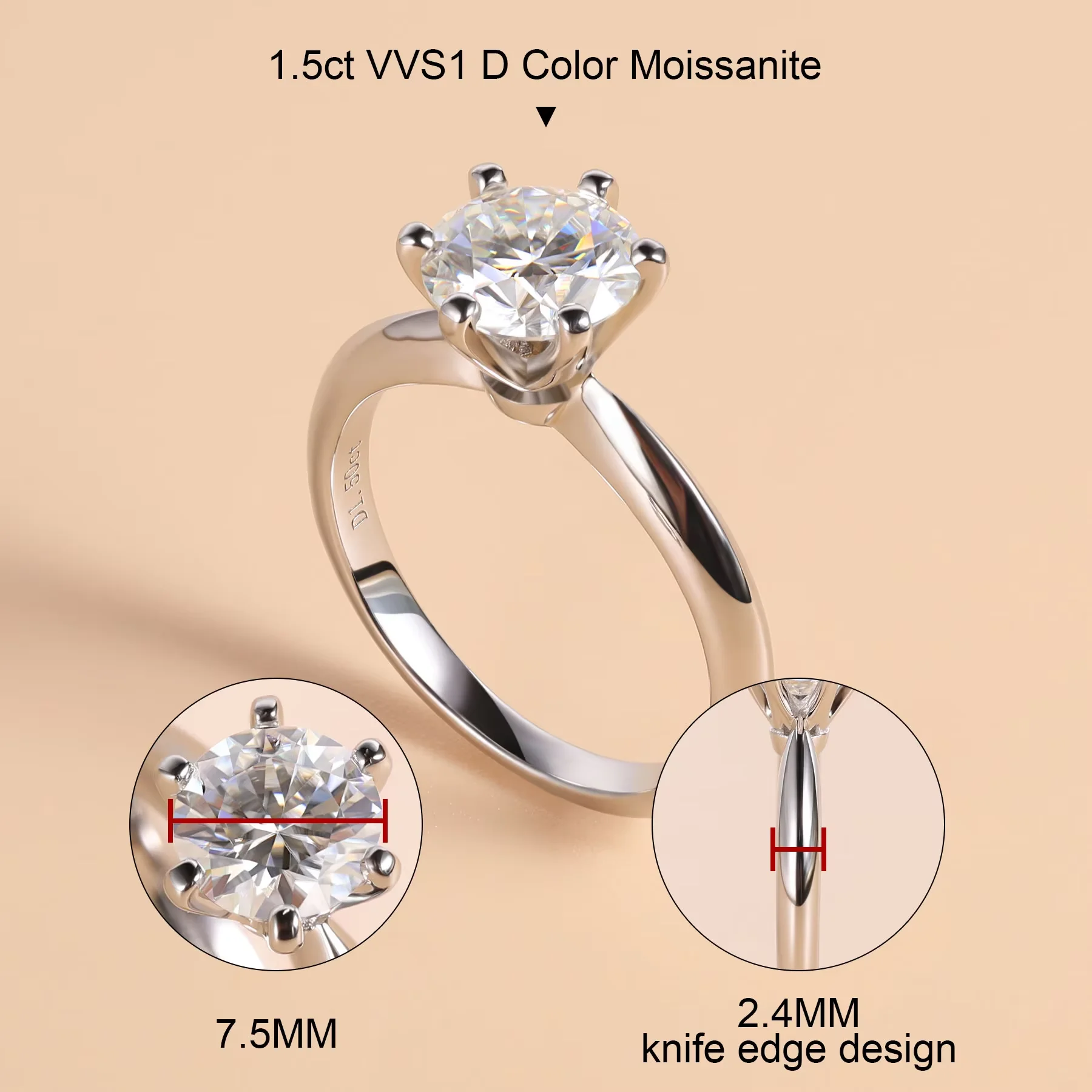 LinkerLove 1.5CT Moissanite Engagement Ring for Women 925 Sterling Silver Lab Diamond Solitaire Ring Wedding Band Fine Jewelry