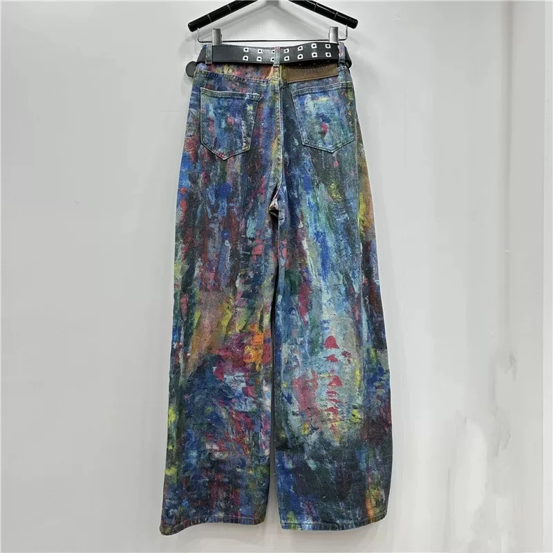 2025 Pantalones de pierna ancha con diseño teñido anudado hechos a mano europeos y americanos, pantalones sueltos con estampado de empalme de color contrastante, personalizados