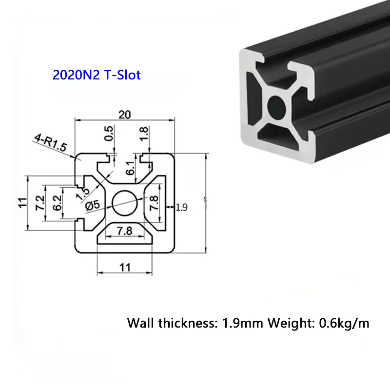 1 ST T-Slot Aluminium Profiel 2020 2020N2 2020R 2040 2060 3030 3030N2 3030R 3060 4040 4040R N2 EU Standaard Zwart Anodische Oxidatie