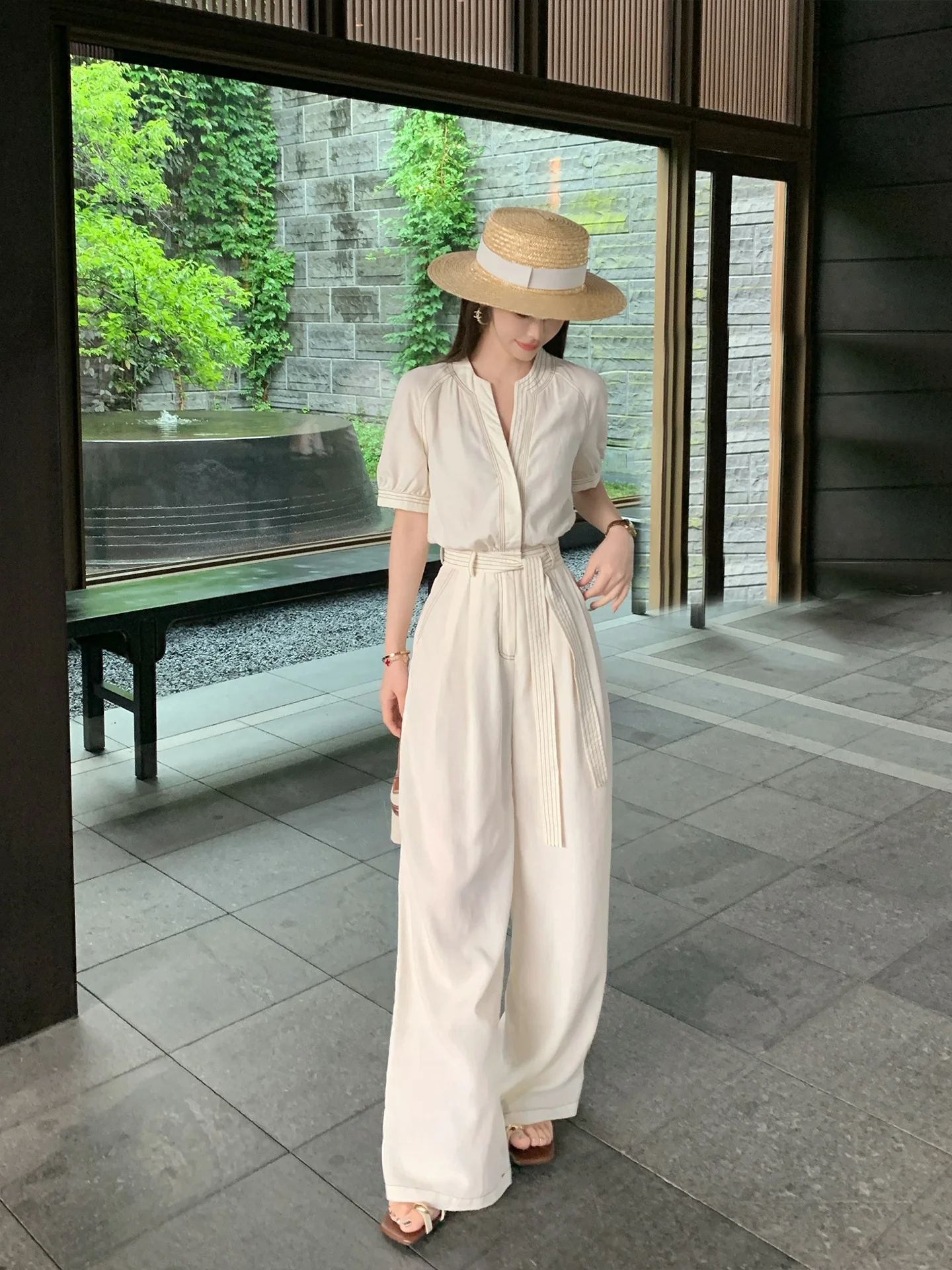 

Nice Wed Small Design oulder Insert Sve Jumpsuit Women Summer Pleated Drape High Waist Slimming Long Pants