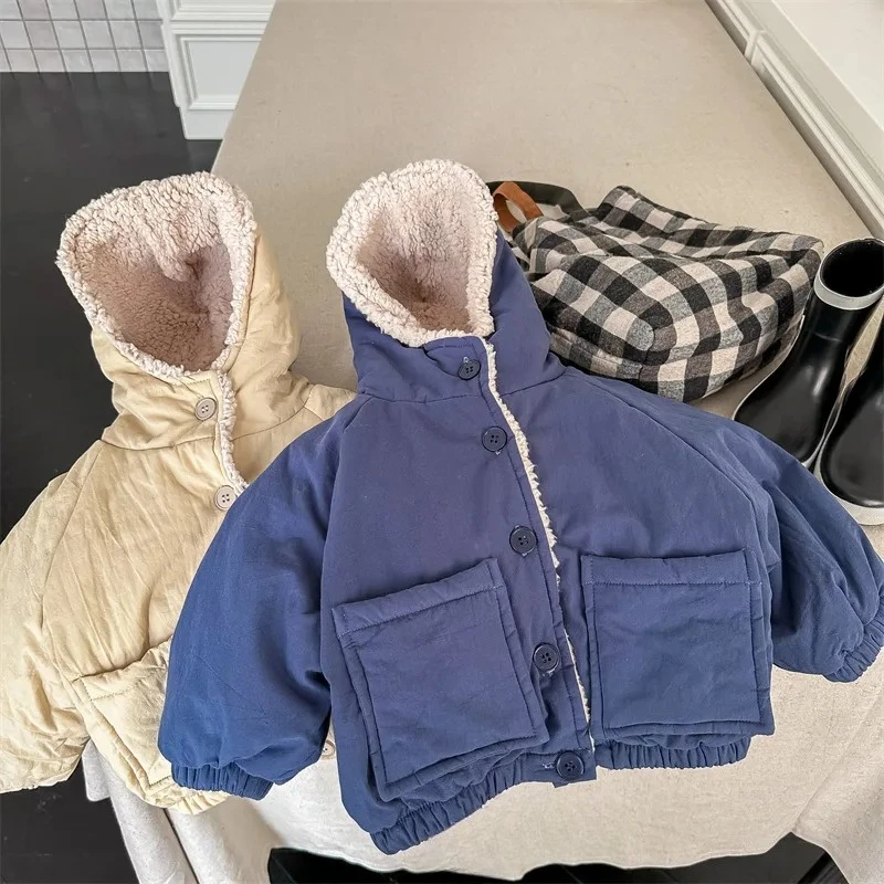 

2025 New Winter Baby Boys Thicken Warm Coats Hooded Letter Printed Fleece Lining Toddlers Kids Outerwear