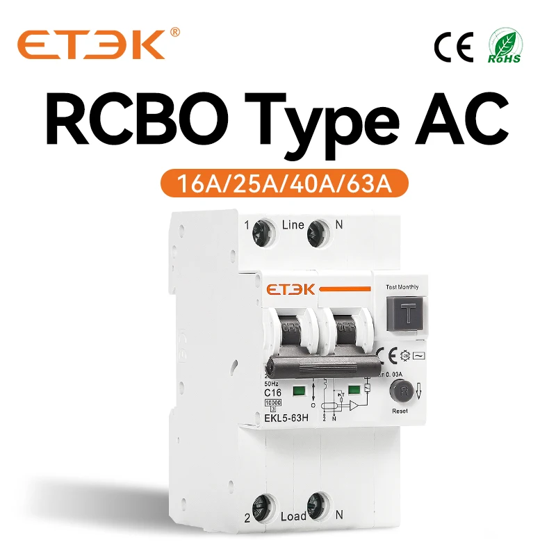 ETEK Type AC RCBO Residual Automatic Circuit Breaker 10KA 2P 4P 16A 25A 40A 63A Over Current Leakage Protection 30mA EKL5