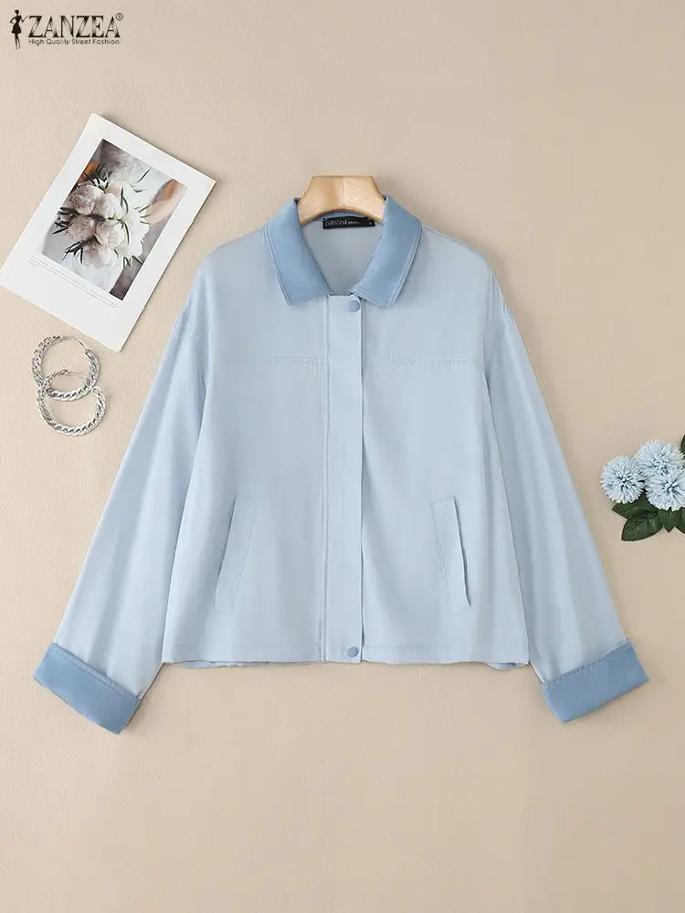 

ZANZEA Осенние женские куртки с длинным рукавом на молнии контрастного цвета, джинсовые легкие пальто, уличная модная женская верхняя одежда 3XL