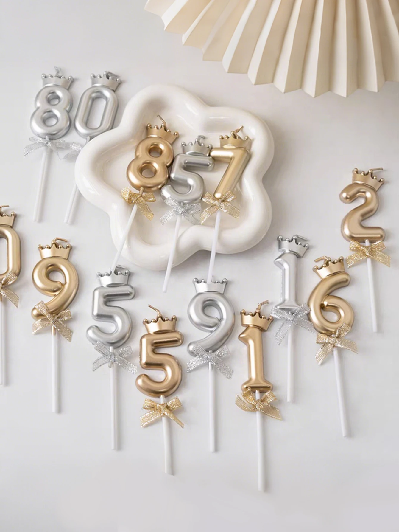 1pc Silver Bowknot Crown Digital Candle, 0-9, Cake Decoration, Birthday Party Decoration, Wish Candle
