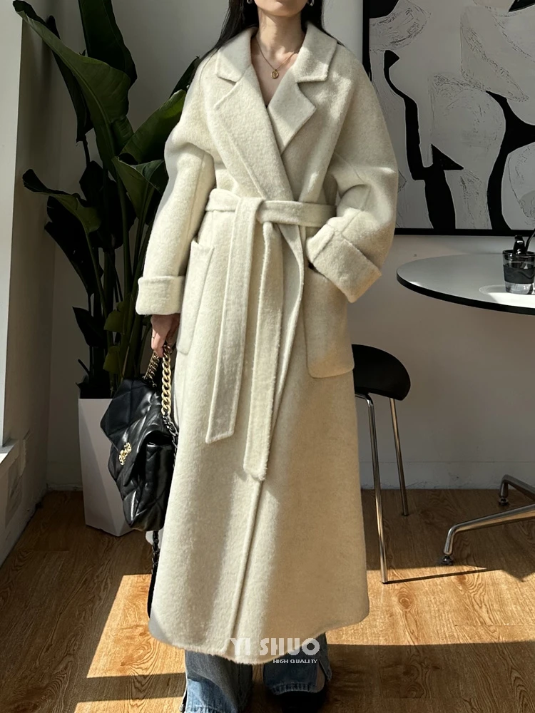 Casual Solid Color Double-sided Wool Alpaca Coat Women Long Temperament Lapel Long Sleeve Warm Woolen Coats Loose Autumn Winter