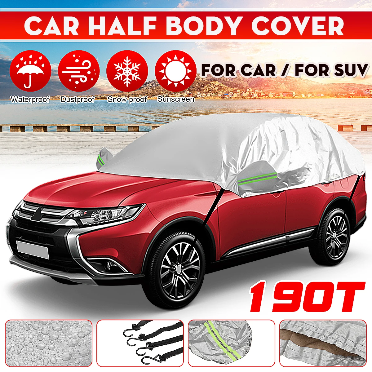 

Car Half Top Cover For Hatchback Sedan Thin Lightweight Waterproof Sun Rain Snow Dust Outdoor Protector Car Roof Engine Covers