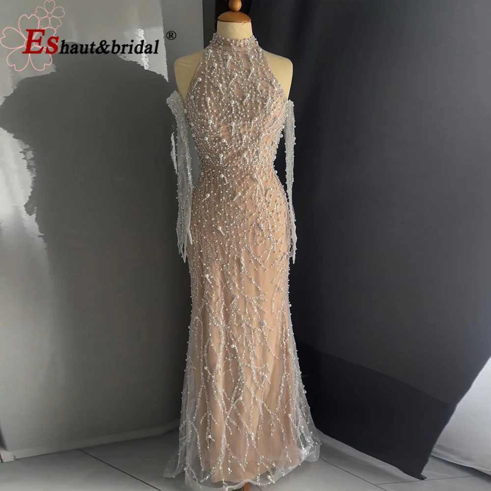 Elegant Nude Mermaid Evening Dress for Women 2024 Luxury Arabic Pearls with Gloves Formal Prom Wedding Party Gowns Customized