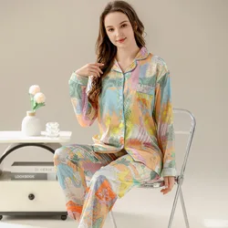 Women's Pajamas Sets Spring Autumn 2 Piece Pocket Print Pyjama Faux Silk Satin Sleepwear Long Sleeve Pijama Mujer Pjs Homewear