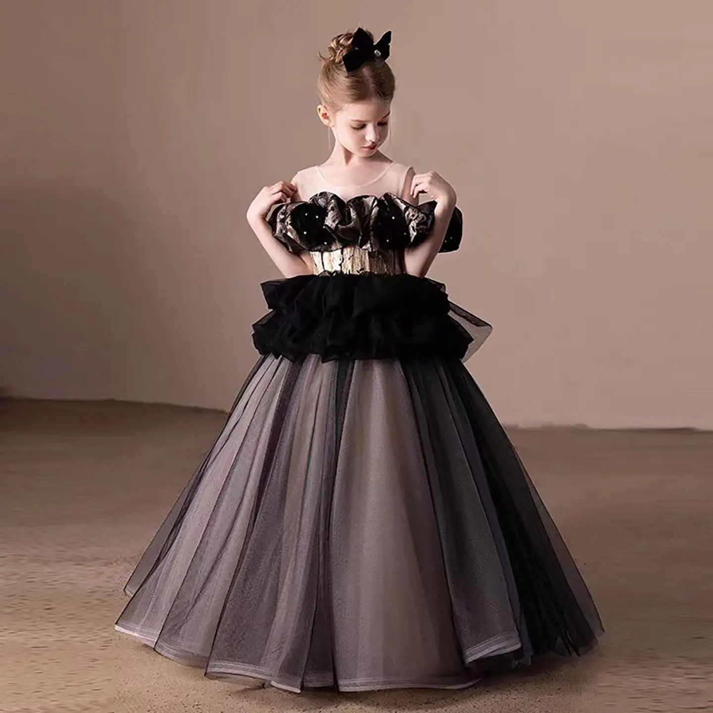 

Dreamy Vow D305, черное тюлевое платье с открытыми плечами и рюшами, многоуровневое тюлевое платье принцессы с цветочным узором для девочек, свадебное вечернее платье для выпускного вечера 2025