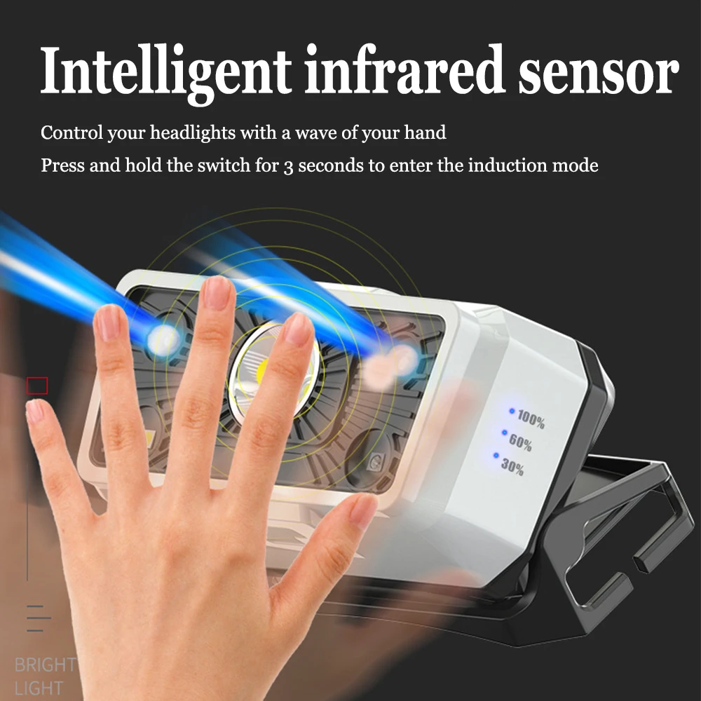 Portable Sensor LED Headlamp USB Charging Induction Headlight Built-in 18650 Head Flashlight Red Warning Outdoor Hunting Lights