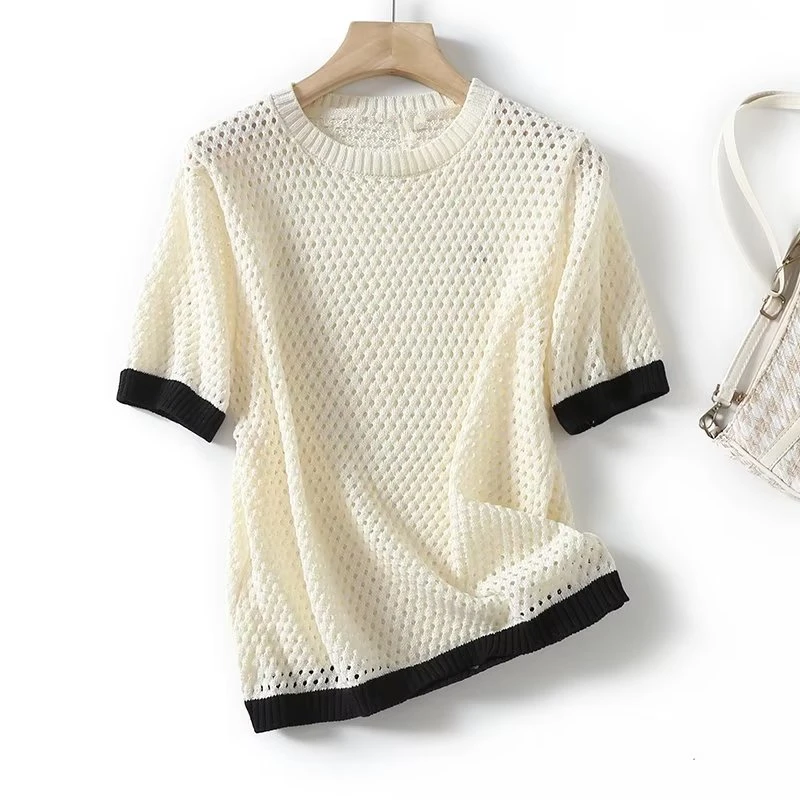 

Jenny&Dave Summer French Retro T-Shirt Women Stitching Beige Round Neck Knit Tops Fashion Ladies Casual Commuting