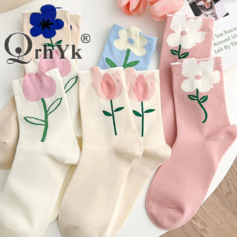 1 Pair Women Socks Cartoon Flower Candy Color Harajuku Breathable Design Korean Style Japanese Comfortable Socks New