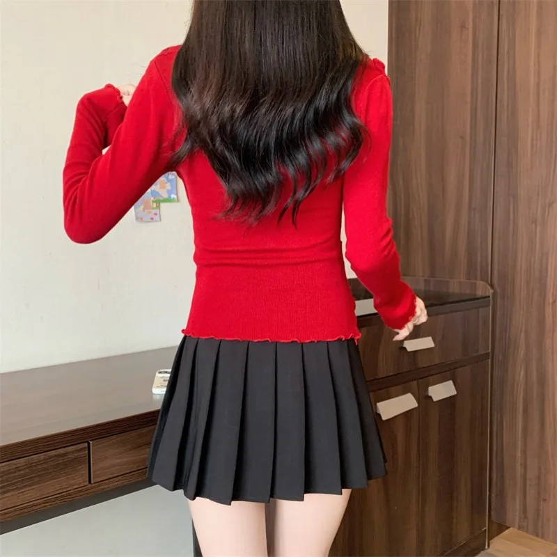 T-shirts Women Red Fake 2pcs Patchwork Off Shoulder Long Sleeve Slimming All-match Casual Sexy Ladies Ulzzang Streetwear Womens