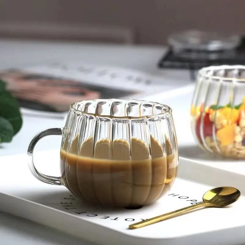 Tasse en verre rayé à motif de Aliments avec poignée, tasses à café mignonnes, verres à lait, degré de chaleur, petit-déjeuner, bureau, maison, 1