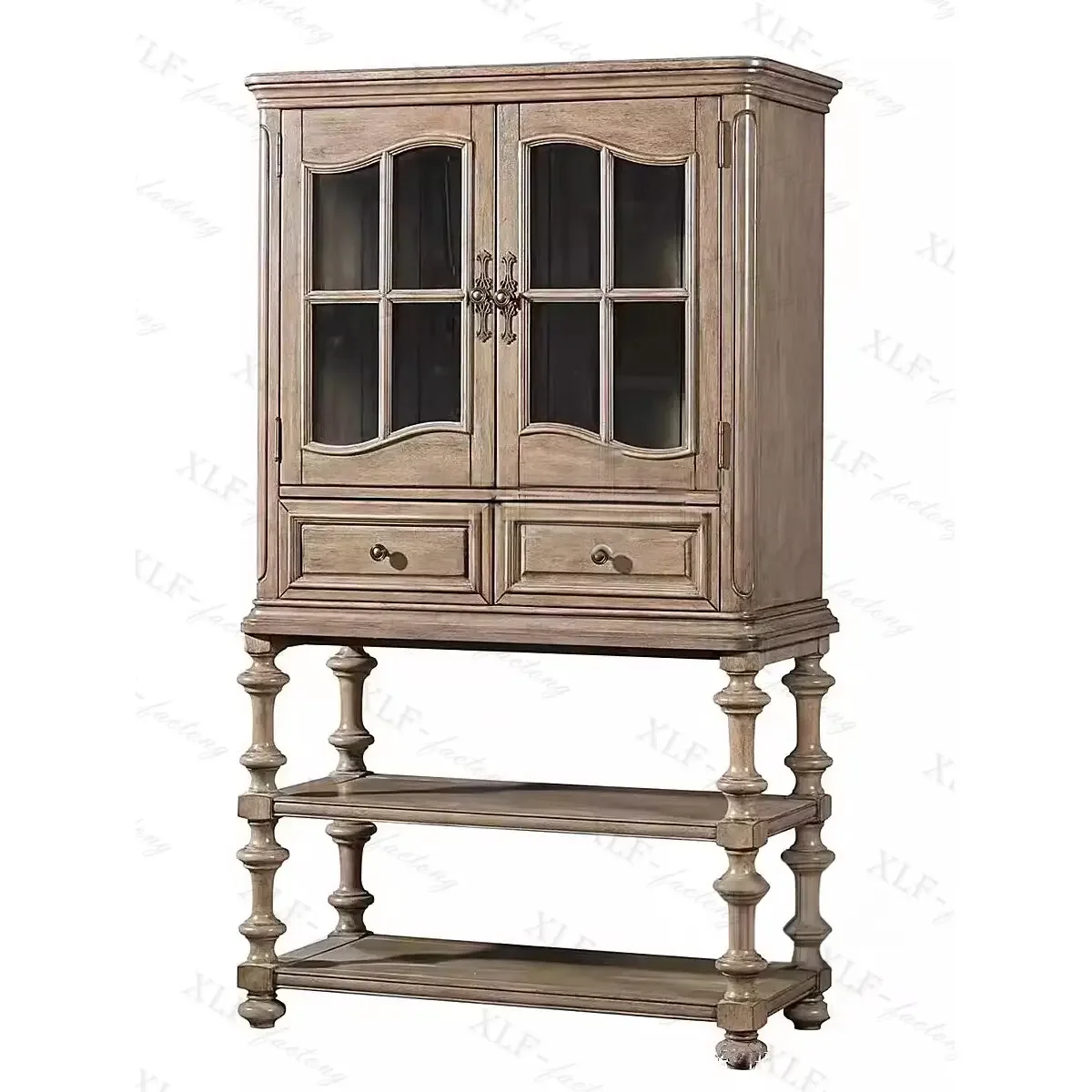 ls 42French solid wood retro old dining side cabinet modern simple storage European carved glass cabinet