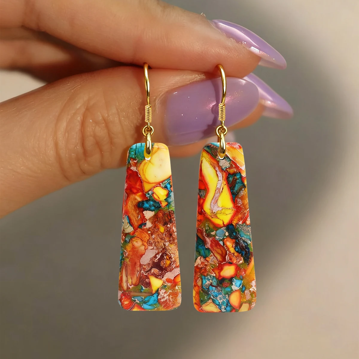 

Imperial Stone Pendant Earrings Bohemian Oil Painting Style Semi-Precious Gem Trapezoid Earrings 16x42mm High-End Jewelry Gift