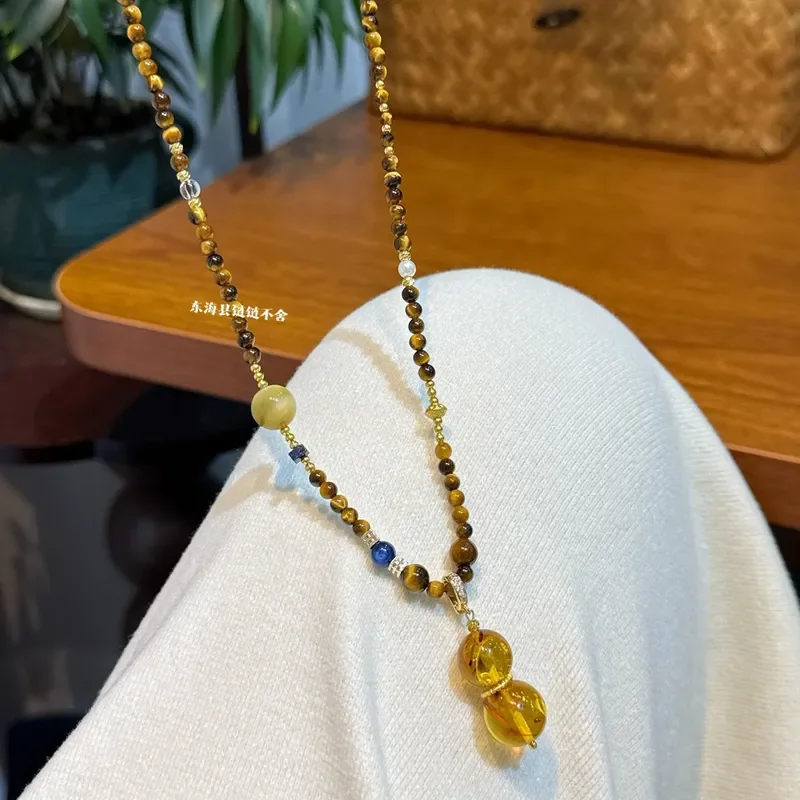 Natural tiger's eye stone necklace with beeswax amber pendant, gourd stacked necklace, double stacked tiger's eye stone.