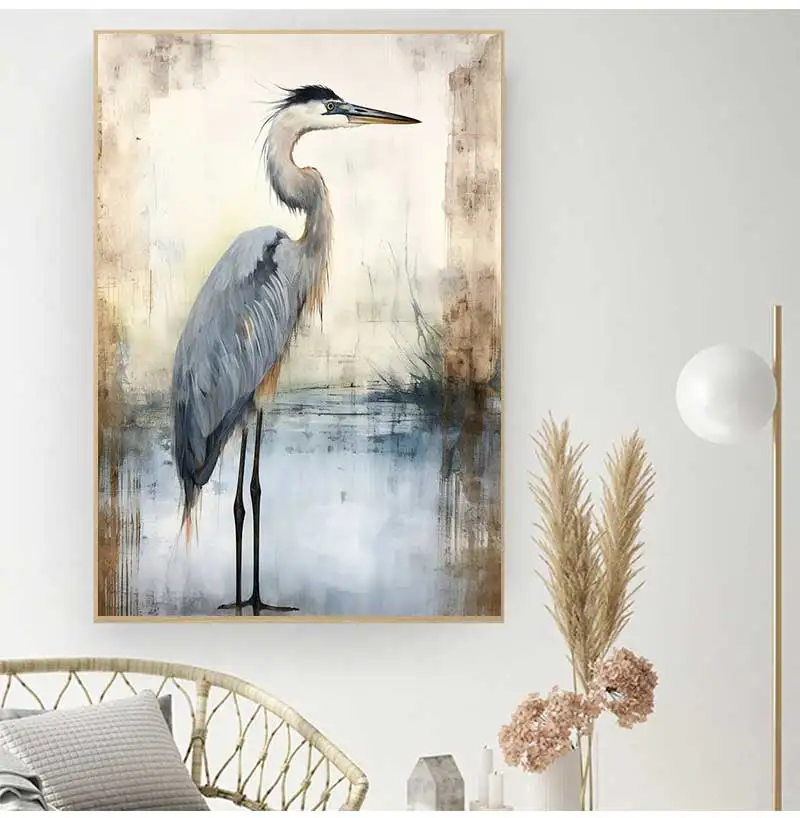 الرجعية الأزرق هيرون المائية نمط الحد الأدنى مارش الطيور الفن الملصقات حائط لوح رسم يطبع صور الساحلية غرفة ديكور المنزل