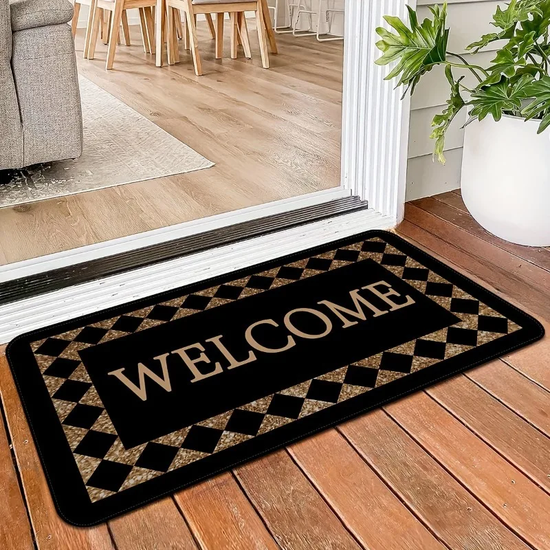 Grid Pattern Letter Printed Carpets Welcome Rugs Accessories Living Room Decoration Mats Bedroom Bedside Corridor Non Slip Mat