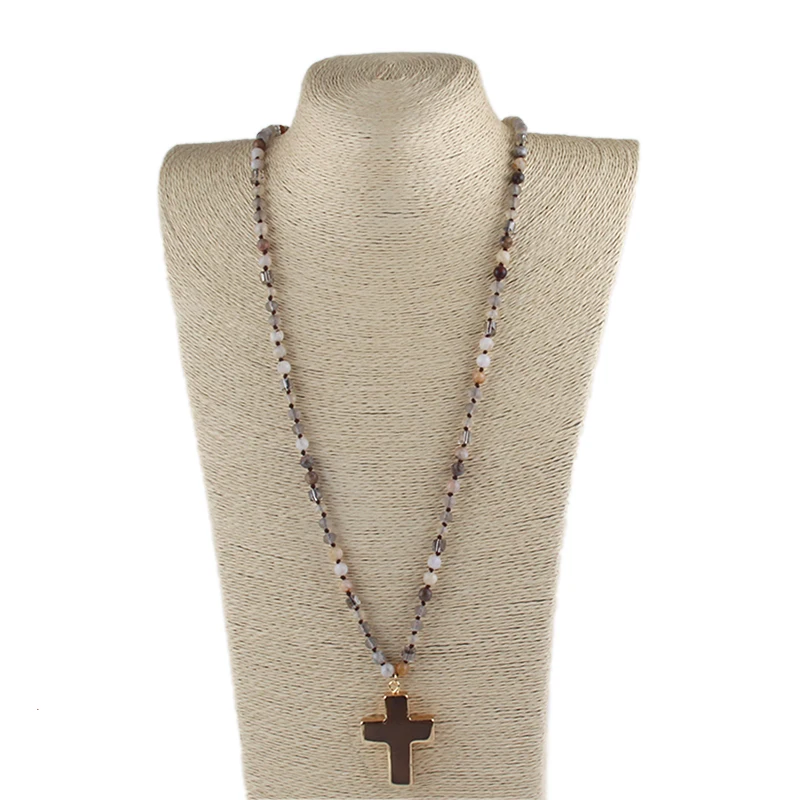 Fashion Bohemian Jewelry Accessory 6mm Stone/Glass Knotted Cross Stone Pendant Necklaces For Women