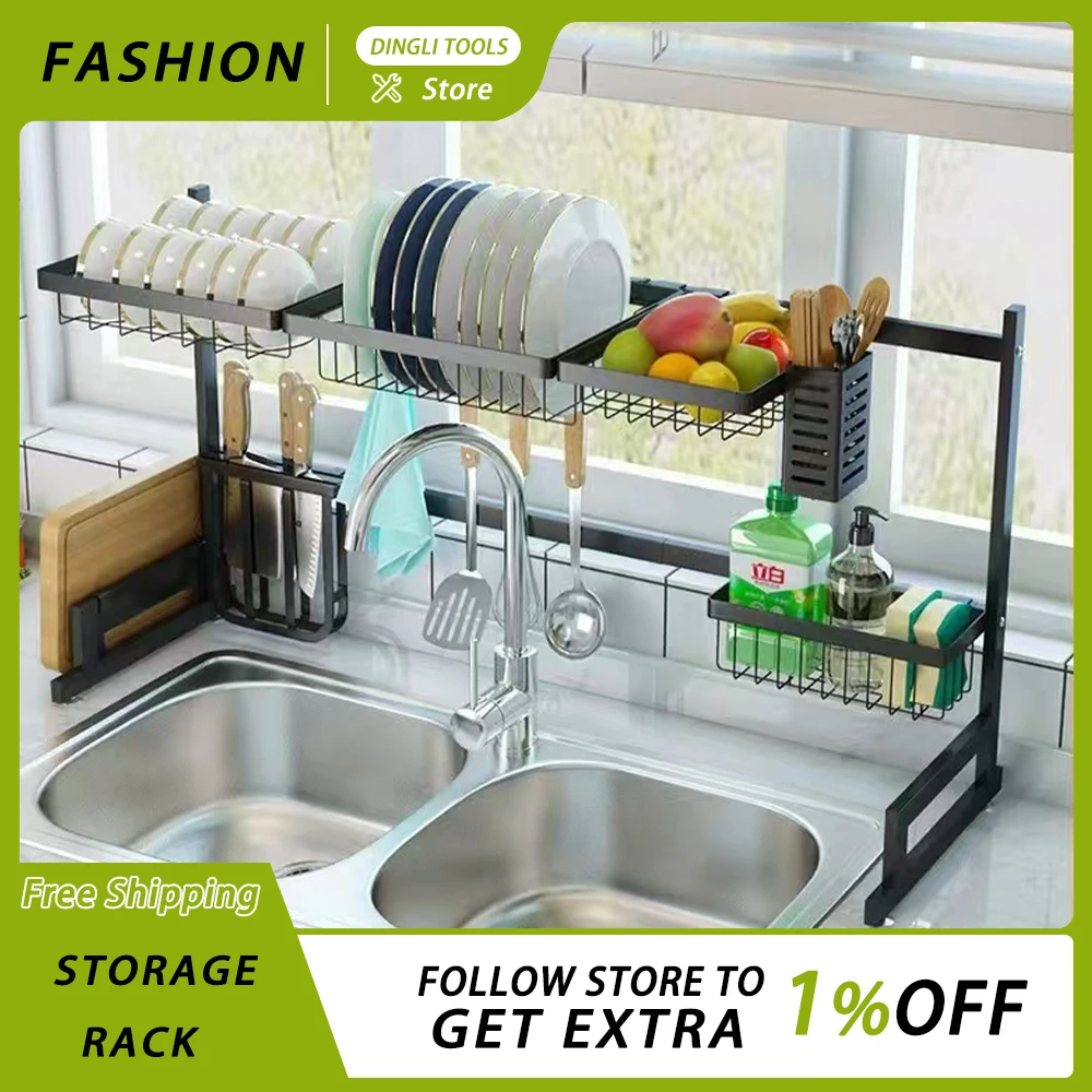 

New Dish Drying Rack Kitchen Over The Sink Dish Drain Rack Utensil Holder Storage Rack Double Sink Stainless Steel Matt Black