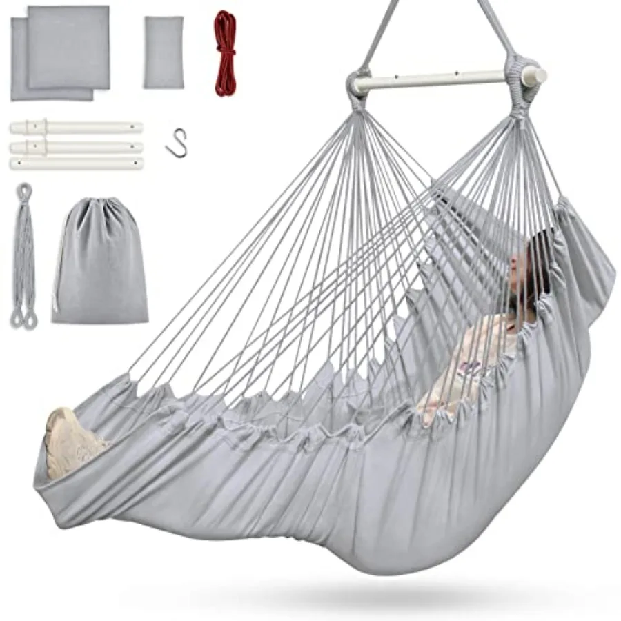 

Outerman Hammock Chair Hanging Chair with 3 Cushions and Feet Rest Support Sturdy Metal Spreader Bar Max 440 Lbs Swing Chair fo
