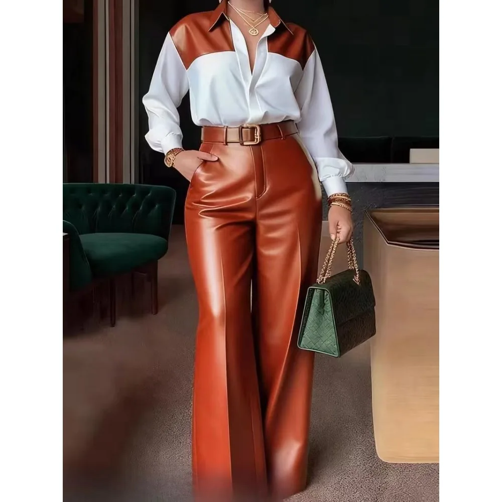 

Women Business Casual PU Leather High Waist Wide Leg Pants Set with Long Sleeve Color Block Shirt Formal Workwear Outfit Spring