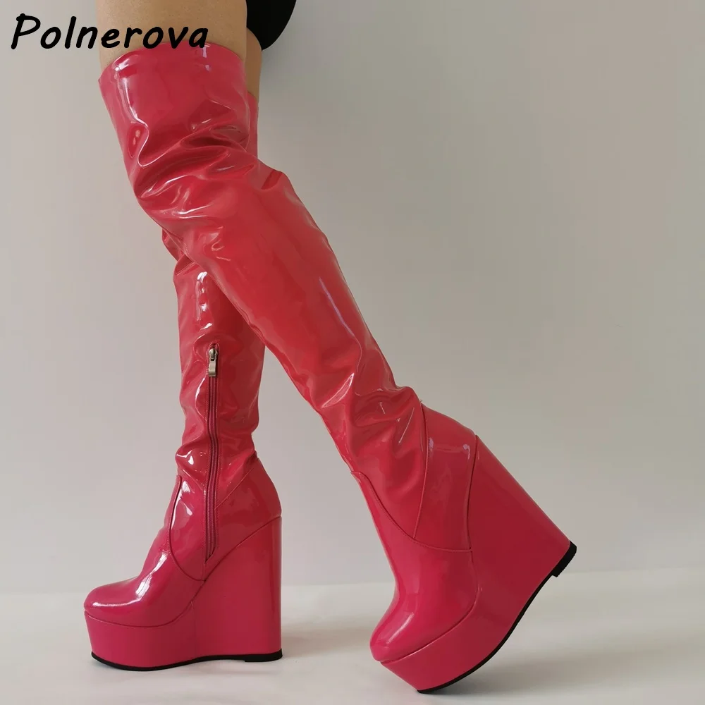 

Однотонные высокие сапоги до бедра на танкетке, розовая боковая молния с круглым носком на платформе, зимняя обувь для шитья, женская теплая лакированная кожа, подиумная обувь