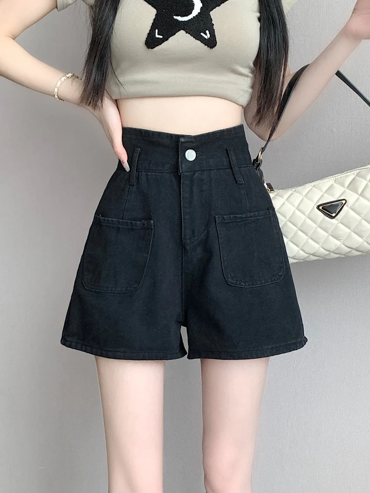 

Джинсовые брюки трапециевидной формы с высокой талией, женские дизайнерские утягивающие свободные брюки, модные шорты темно-синего цвета, летняя мода